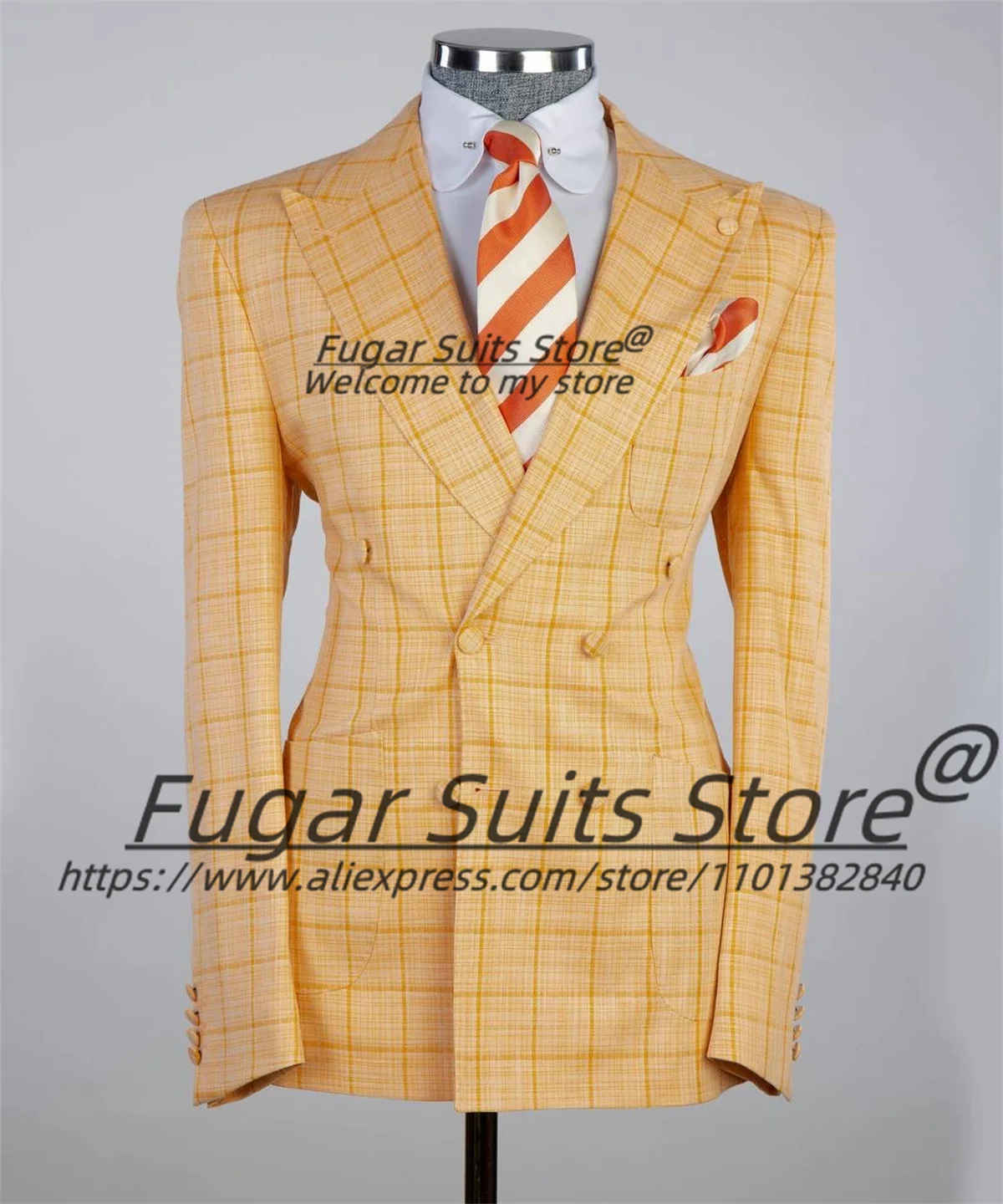 Business Yellow Plaid Men Suits 2 Pieces Slim Fit Double Breasted Groom Tuxedos
