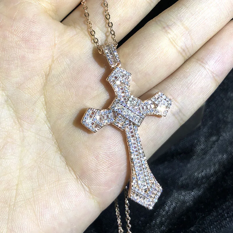 Men's and Women's Necklaces Plated with Platinum Claw Set with Crystal Zircon Cross Pendant Hip Hop Rock Fashion Jewelry