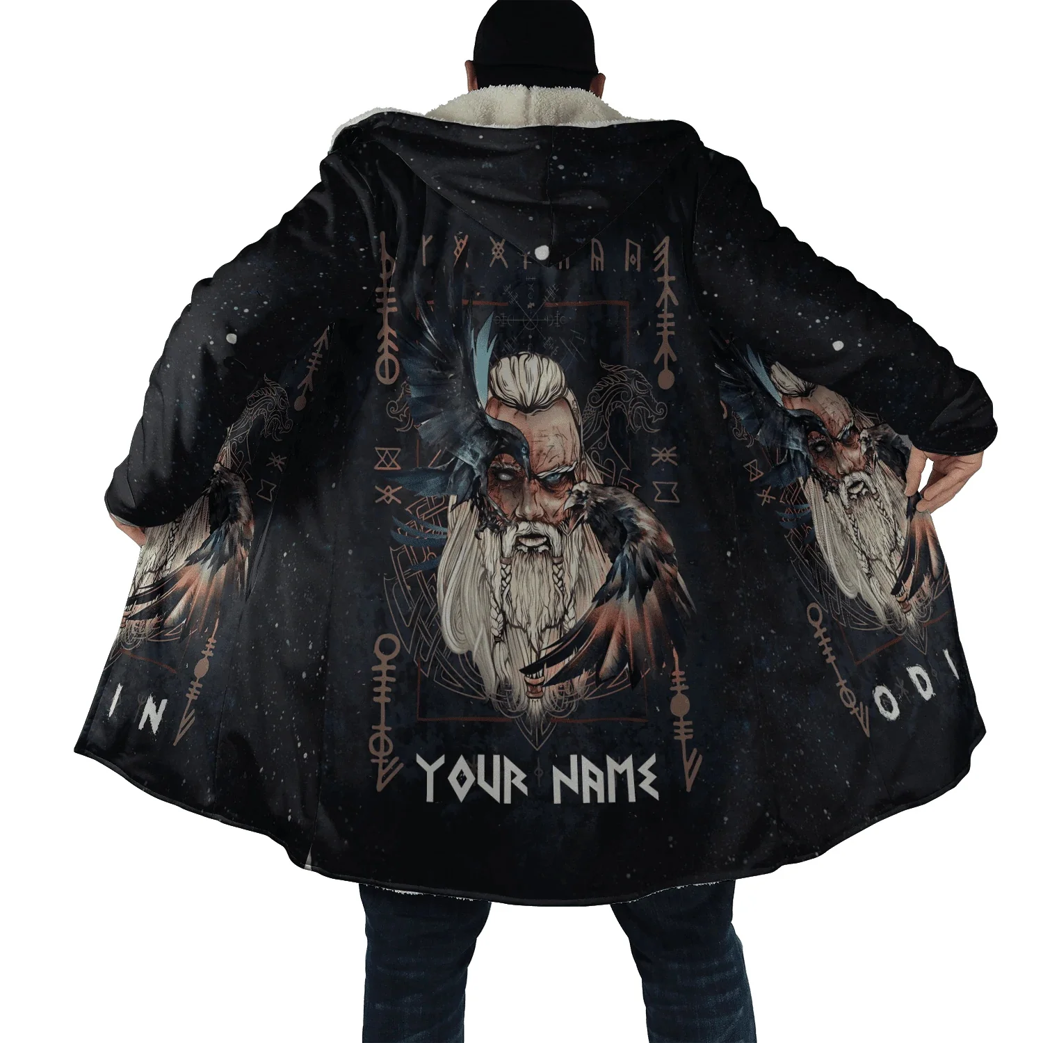 

Winter Fashion Mens cloak Viking Odin Raven Tattoo 3D Printed Thick Fleece Hooded Coat Unisex Casual Warm Cape coat