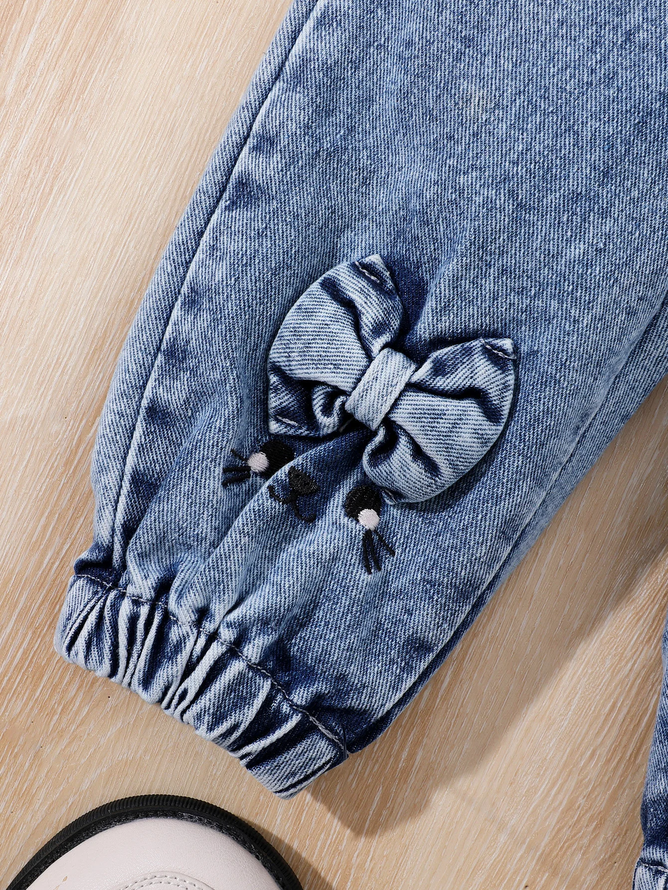 Girls jeans baby children four seasos fake pocket embroidered cat bow foot edgeekastuc dark blue kids denim jeans