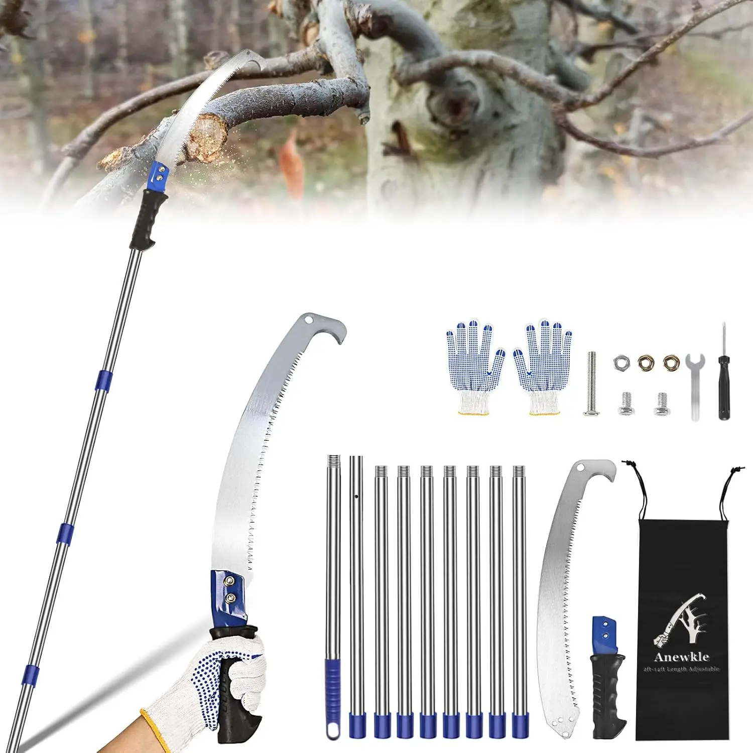 14 Feet Pole Saw Tree Trimming Pruning Saw High Reach Lightweight Manual Stainless Steel Extension Pole Cutter Long Branch