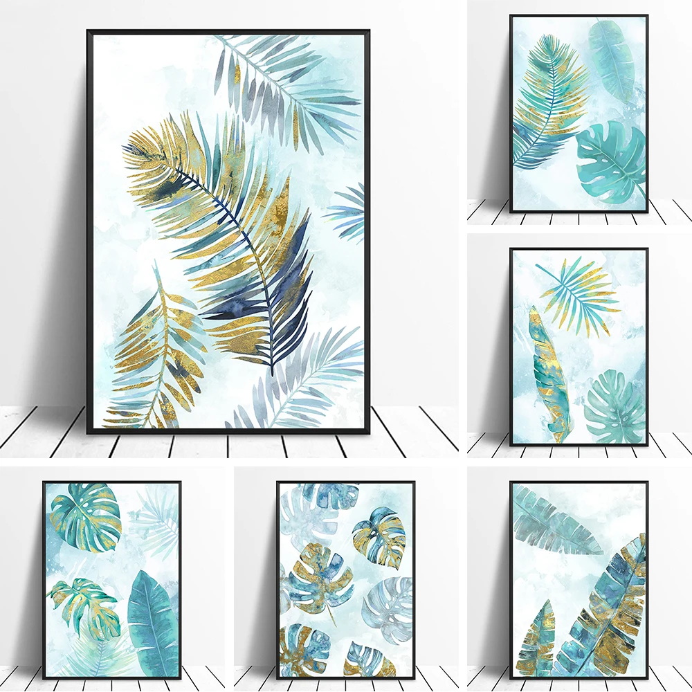 Nordic Tropical Plants Canvas Painting Abstract Blue Gold Monstera Deliciosa Poster Stampe Immagini Per Soggiorno Cafe Kitchen