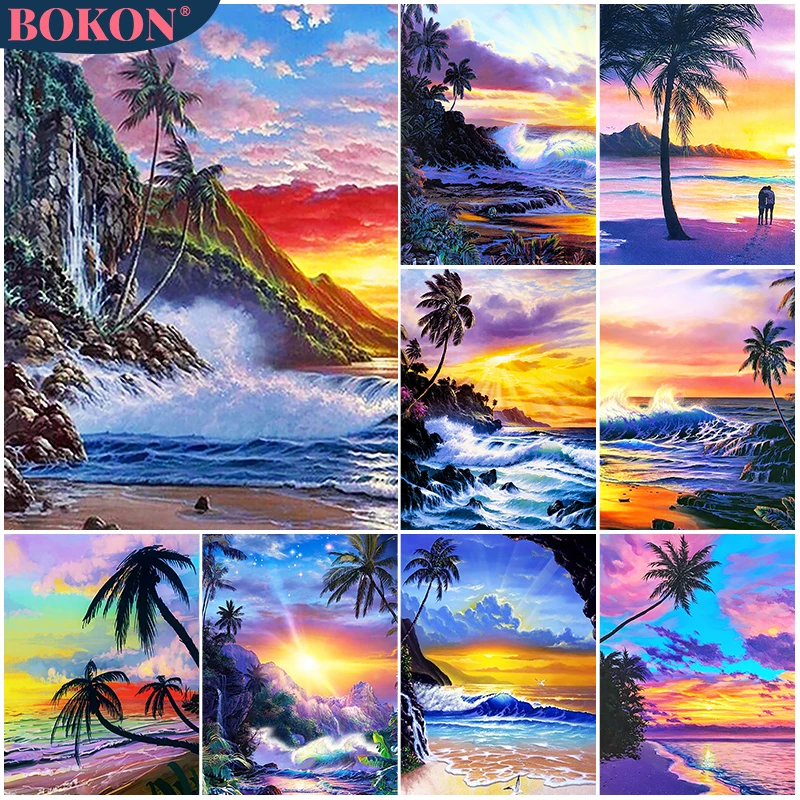 

5D Diamond Painted Seaside Coconut Tree Diamond Embroidery Colorful Sunset Landscape DIY Diamond Mosaic Home Design Decoration