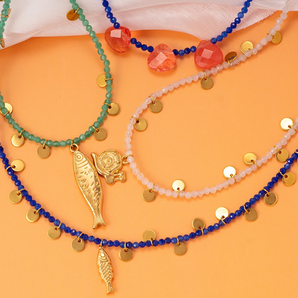 Stainless Steel Natural Stone Short Neckalce with Small Fish Pendant Exquisitely Handmade Beads Snail Collar Jewelry Party Gifts