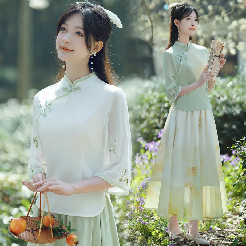 

Женские платья Qipao, китайский чонсам, топ, льняная юбка, винтажные с цветочной вышивкой, костюмы Тан, элегантная женская блузка