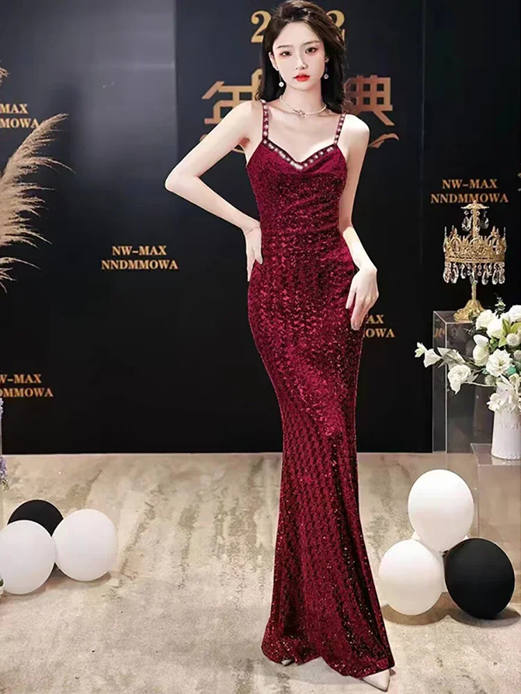

Fashion Red Sequins Gala Dresses Woman Spring Autumn Luxury Elegant Party Evening Dress 2023 Korean Vintage Festival Dress Gown