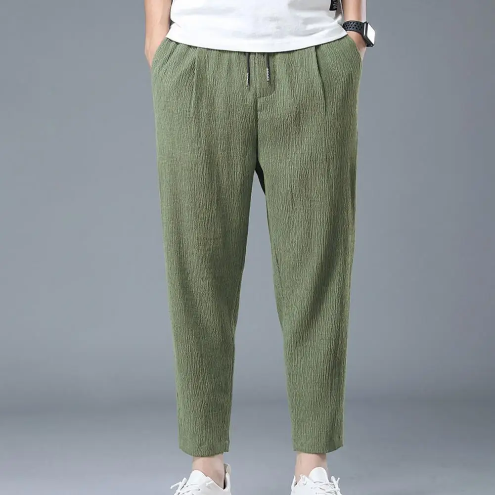 

Spring Summer Men Cotton Hemp Ice Silk Pants Streetwear Fashion Male Basic Elastic Waist Loose Sports Straight Casual Trousers