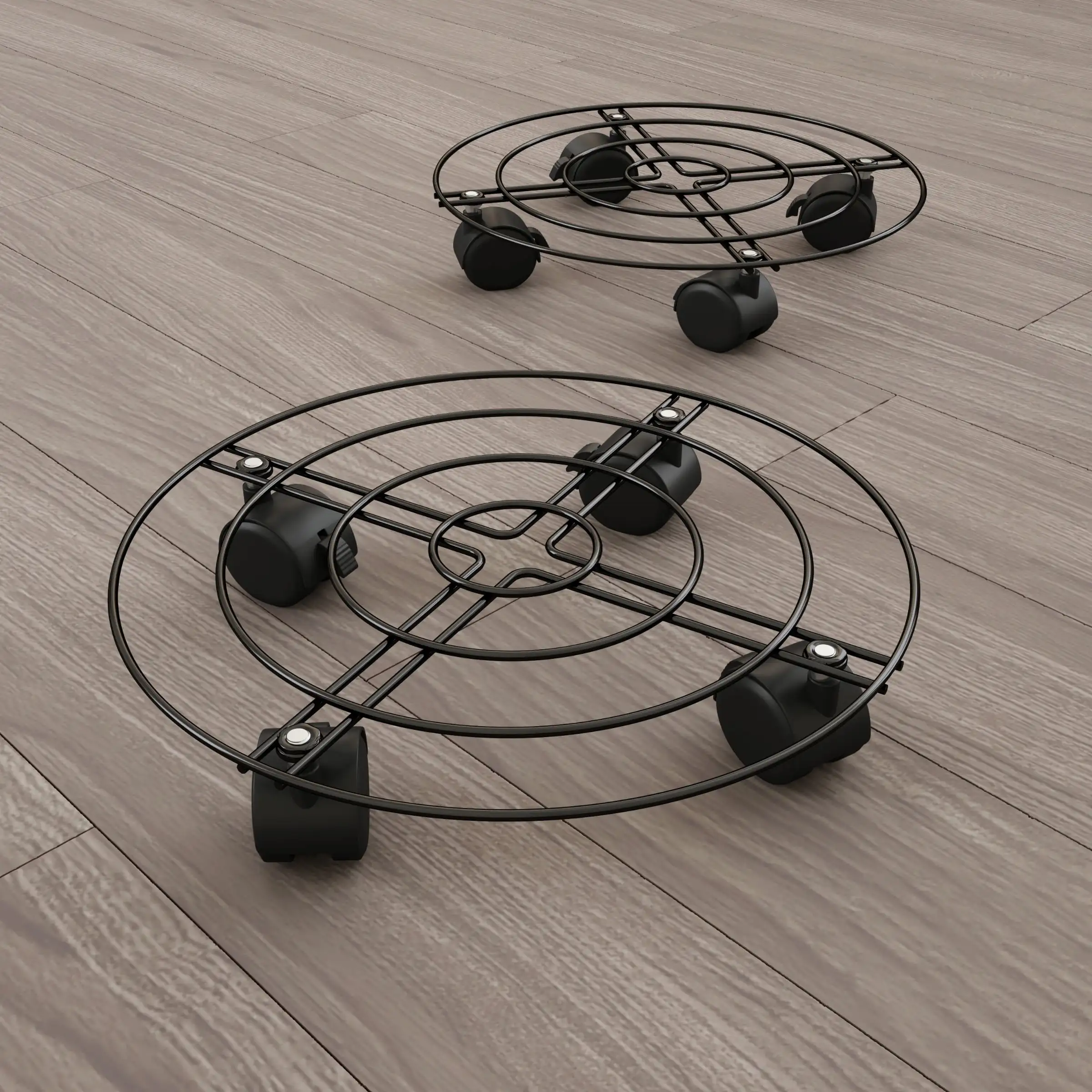 

Metal Plant Caddy- Set of 2 Round Pot Stand on Wheels- 12” Black Rolling Tray, Locking Casters, Rustproof for Outdoor/Indoor