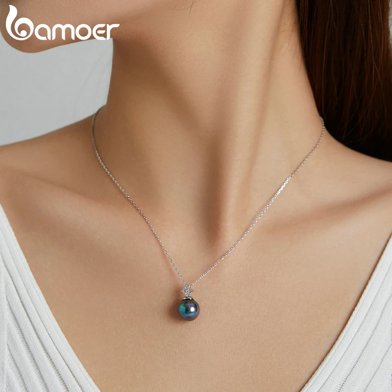 bamoer 925 Sterling Silver Elegant Black Pearl Charm Necklace Shell Pearl Zircon Chain Necklace for Women Fine Jewelry BSN226