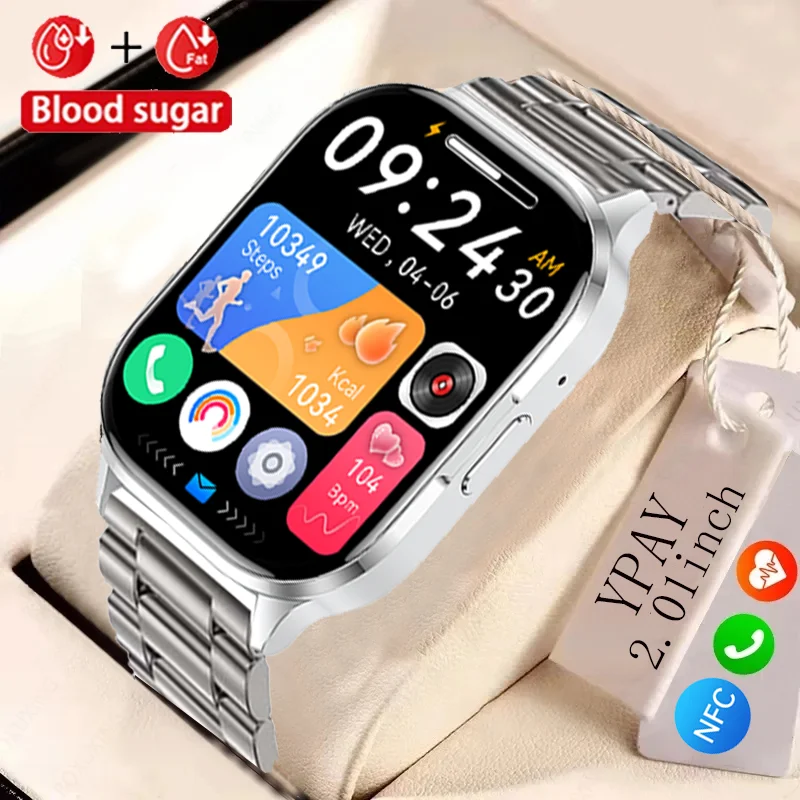 

2023 New men's health smart watch blood sugar monitoring NFC HD Bluetooth call 2.01 HD full screen touch women's smart watch