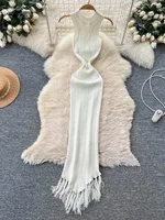 SINGREINY Vacation Tassel Knitted Dress Stretchy Bodycon Curve Solid Summer High Waist Sleeveless Sexy Beach Pencil Long Dresses - Image 2