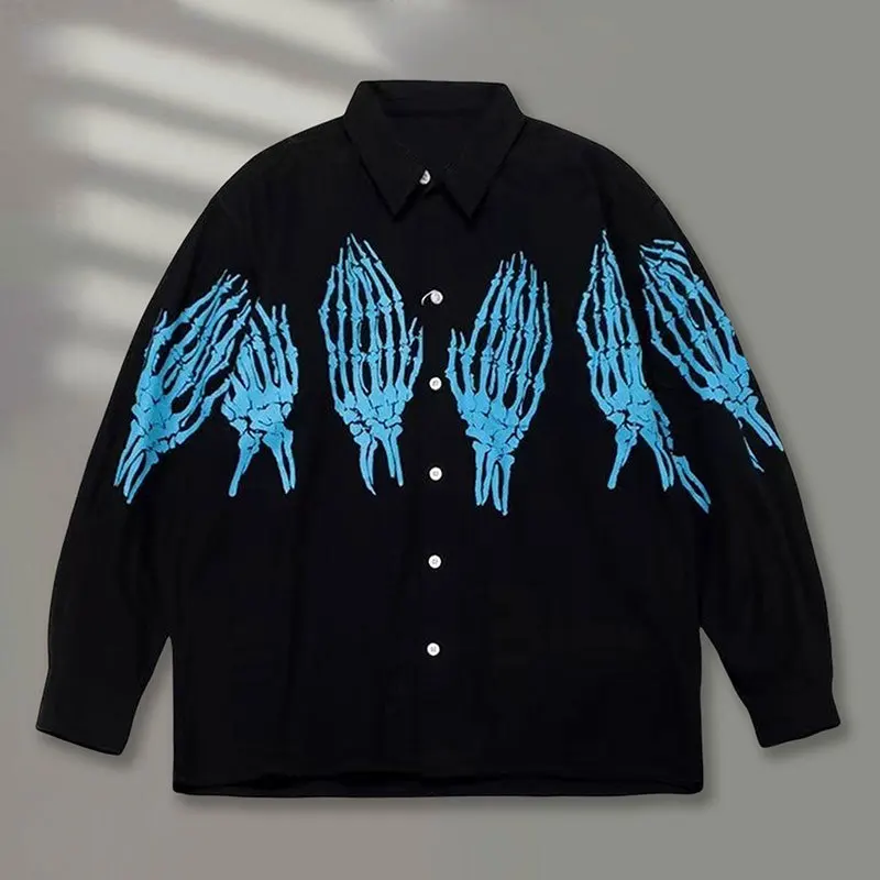 

2023 Spring Palm Bone Print Long Sleeves Shirts Men Shirt Ropa Hombre Casual High Quality Black Camisa Masculina Holiday Clothes