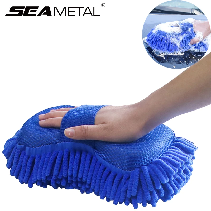SEAMETAL Blue Microfiber Chenille Car Wash Sponge Care Washing Brush Pad Cleaning Tool Auto Washing Towel Gloves Car Wash Care 2