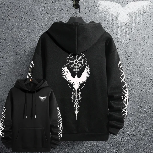 2025 Brand New Black Sweatshirts Autumn Winter Male Daily Casual Sporty Jogging Hoodie Men's Ancient Viking Raven Print Pullover 1