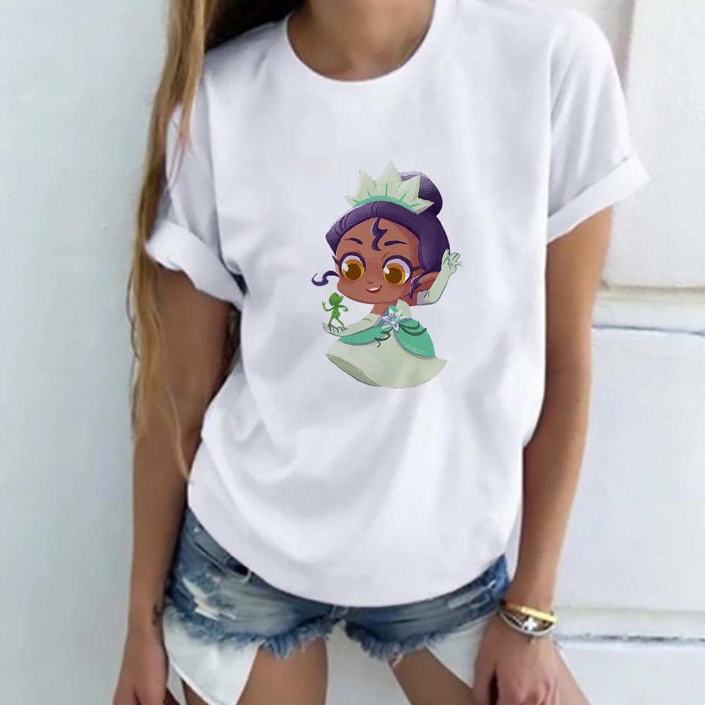 

Disney Cute Princess Series Women T Shirt Fashion Kawaii Tiana Graphic Female T-Shirt Hot Selling White Lady Short Sleeve Trendy