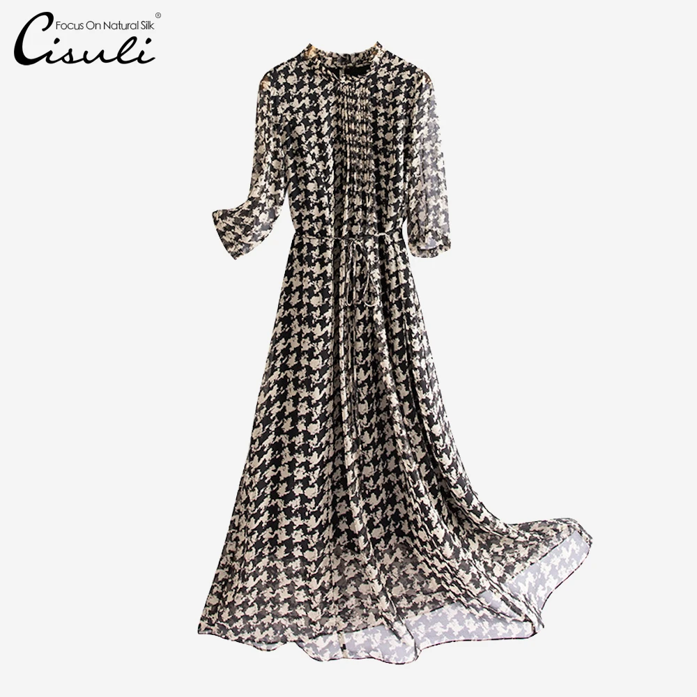

CISULI Printed Silk Chiffon Dress 100% Pure Silk Women Party Dresses Elegant OL Style