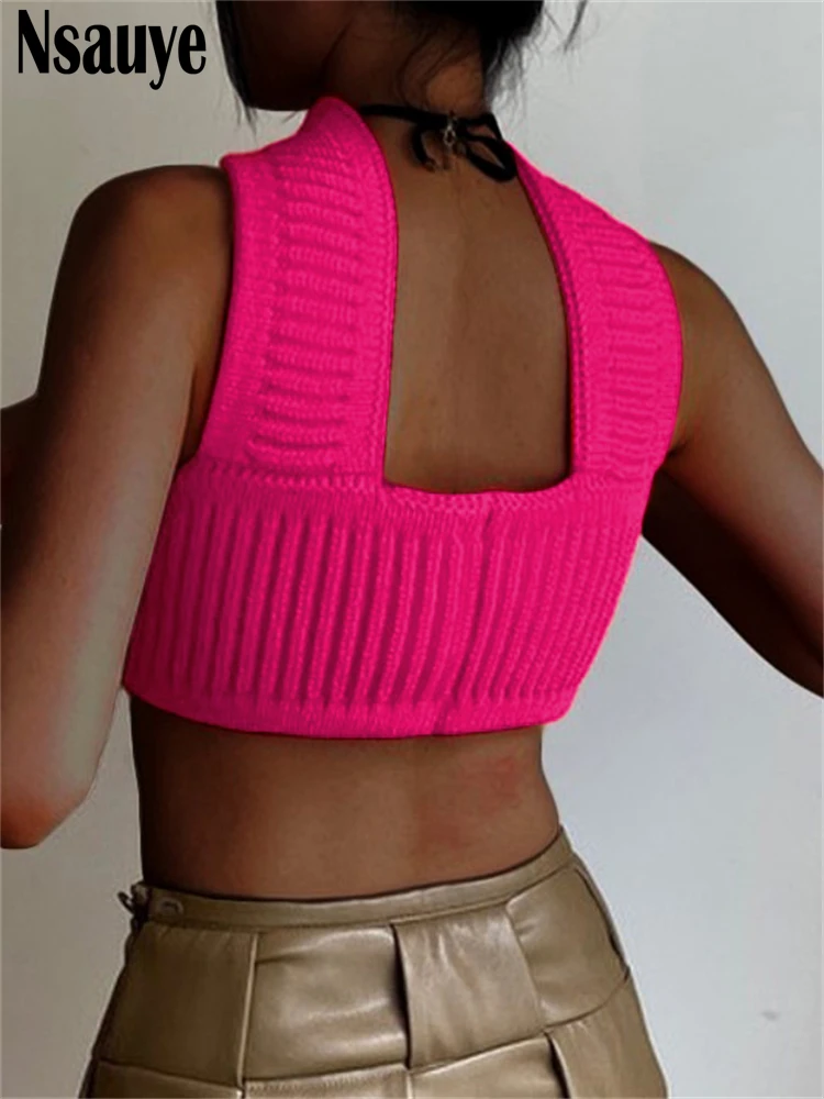 Nsauye Knitted Summer Basic Shirts Crop Tops Blue Casual Streetwear Mini Vest Women Clothes Beach Vacation Tank Top Y2K 2022