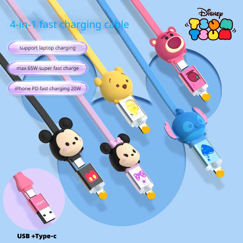 

20W Disney Stitch Mickey Minnie Mouse USB Fast Charger Cable Cute Cartoon Charging Cable for IPhone Four-in-one Data Cable