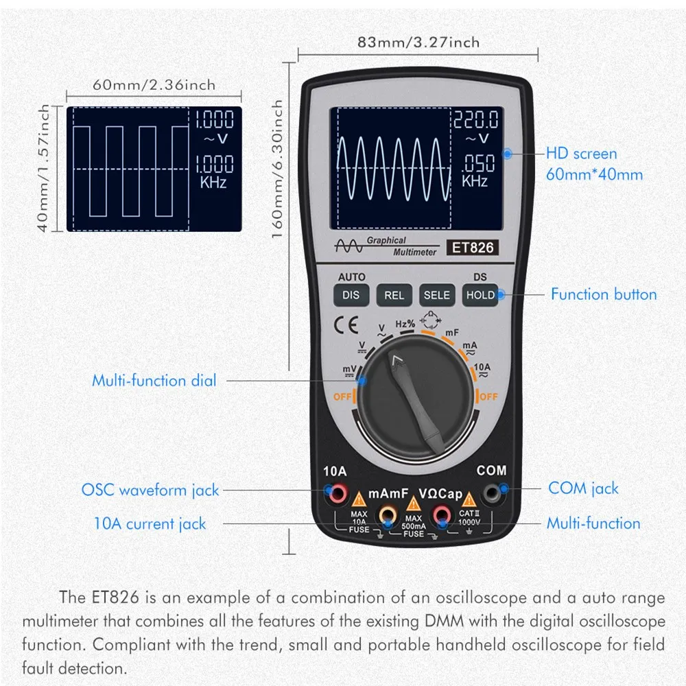 ET827 Handheld Digital Oscilloscope Multimeter Portable Smart DC/AC Current Voltage Resistance Frequency Diode Tester 4000 Count 3