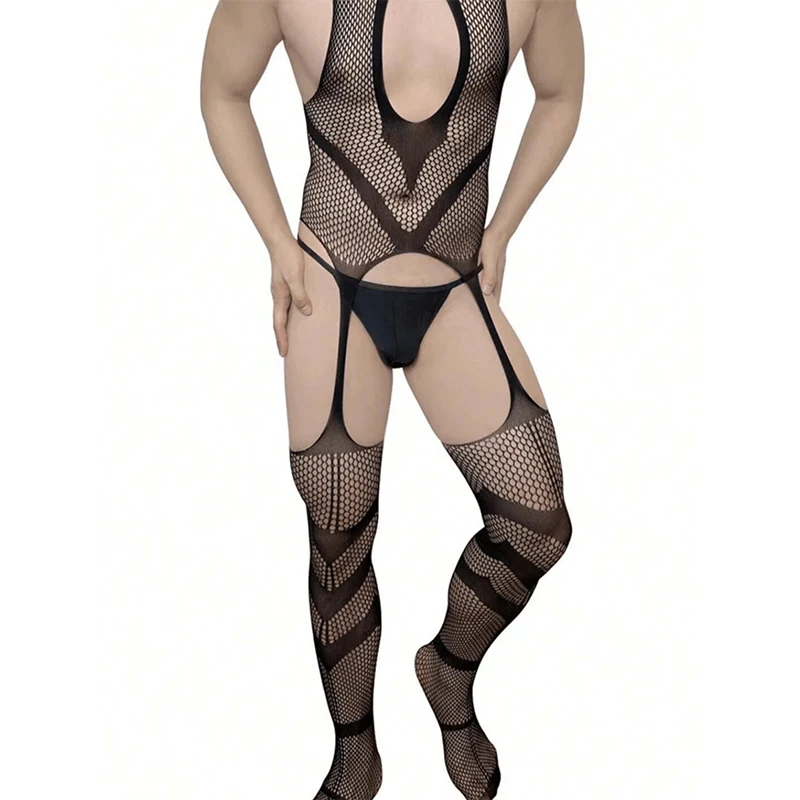 Men Bodysuit Jumpsuit Sexy Man Pajamas One Piece Men's Jumpsuit Transparent BodyStocking Sleeveless Bodysuit Porn Crotchless Underwear Erotic Costumes