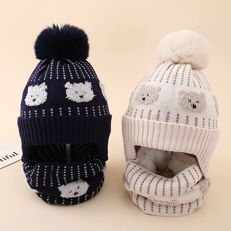 Winter Boys' Cartoon Jacquard Little Bear Knitted Hat Scarf Two Piece Set Children's Warm Velvet Ear Protection Hat