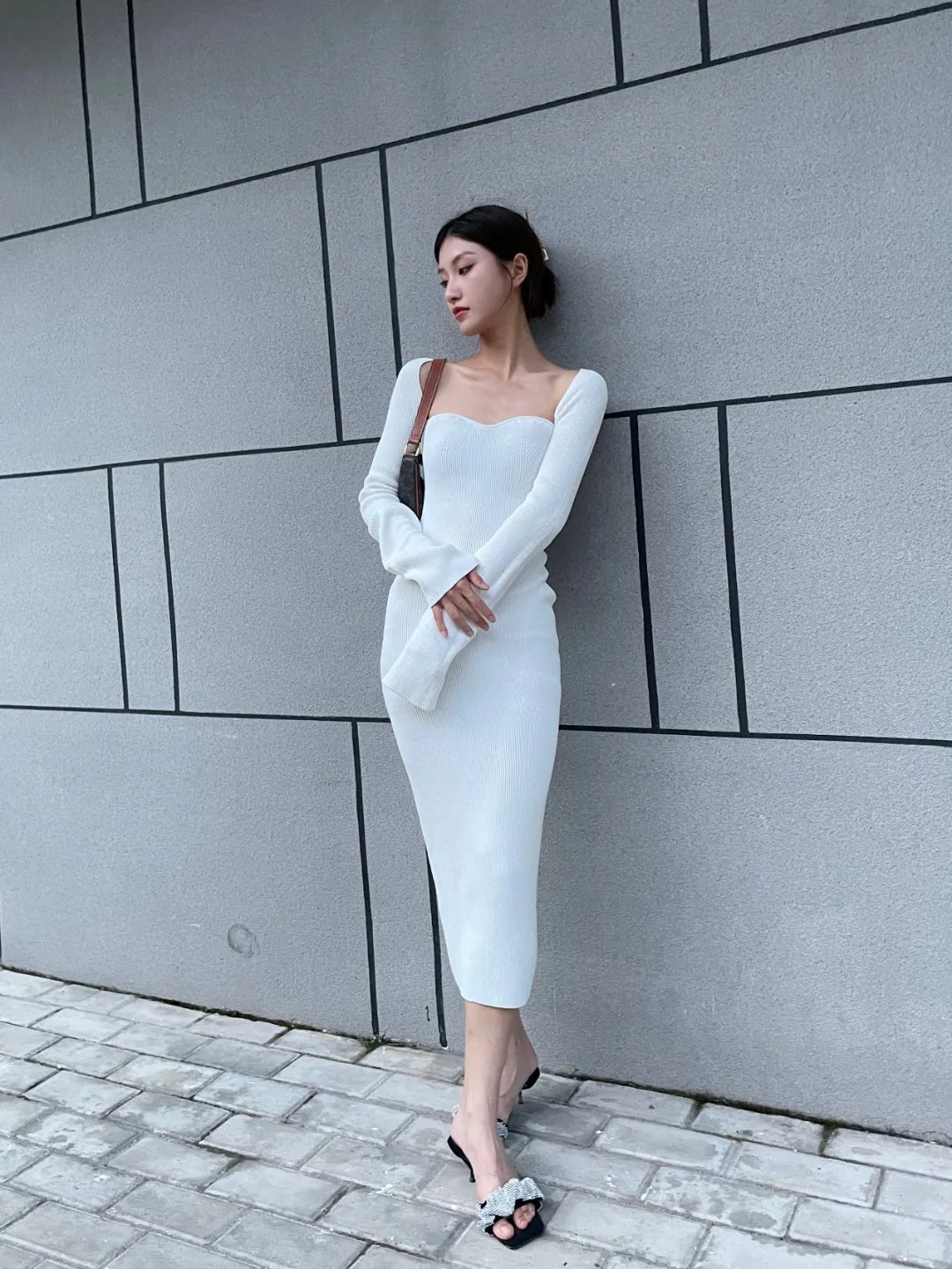 

Women Midi Robe Square Collar Long Sleeve Solid Color Slim Dress 100% Viscose Vintage