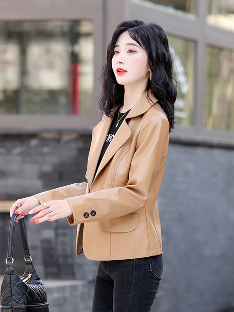 M-4XL New Women Sheepskin Blazer Spring Autumn Fashion Turn-down Collar Slim Split Leather Jacket Classic Single Button Coat