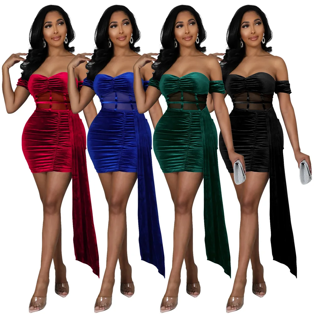 

Velvet Mini Dress Summer Women Sexy Slash Neck Off The Shoulder Sheath Strapless Backless Mesh Bandage Night Club Party Female