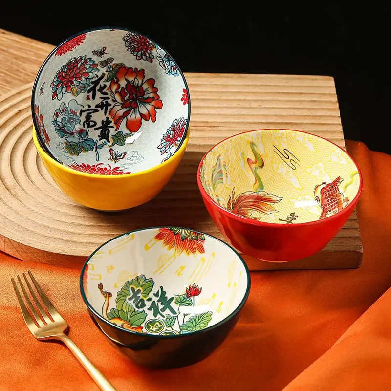 Chinese Style Bowl Ceramic Dumpling Plate Creative Underglaze Colored Fish Ceramic Household Tableware Rice Bowl Double Ear Plat