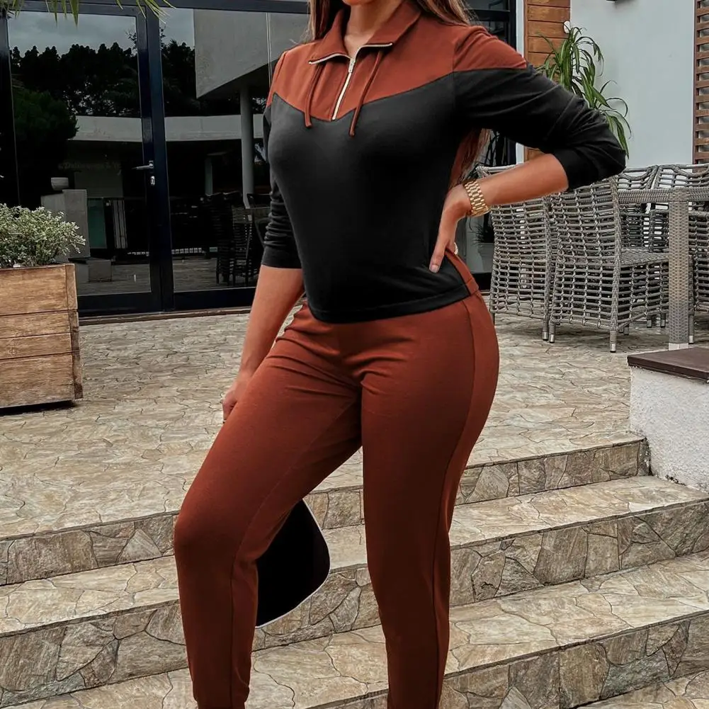 

2 Pcs/Set Women Top Pants Set Color Matching Zipper Turn-down Collar Drawstring Patchwork Warm Soft Breathable Lady Tracksuit