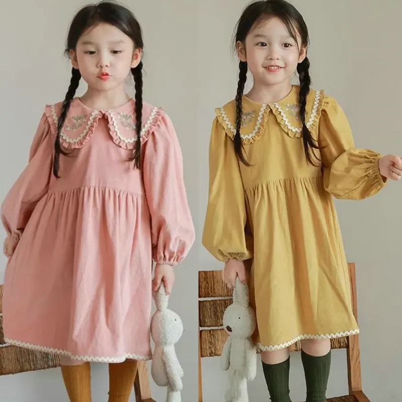 

Girl's Dress Embroidered Collar Sweet Cute Dress Princess Dress 2023 Autumn New Children's Clothing