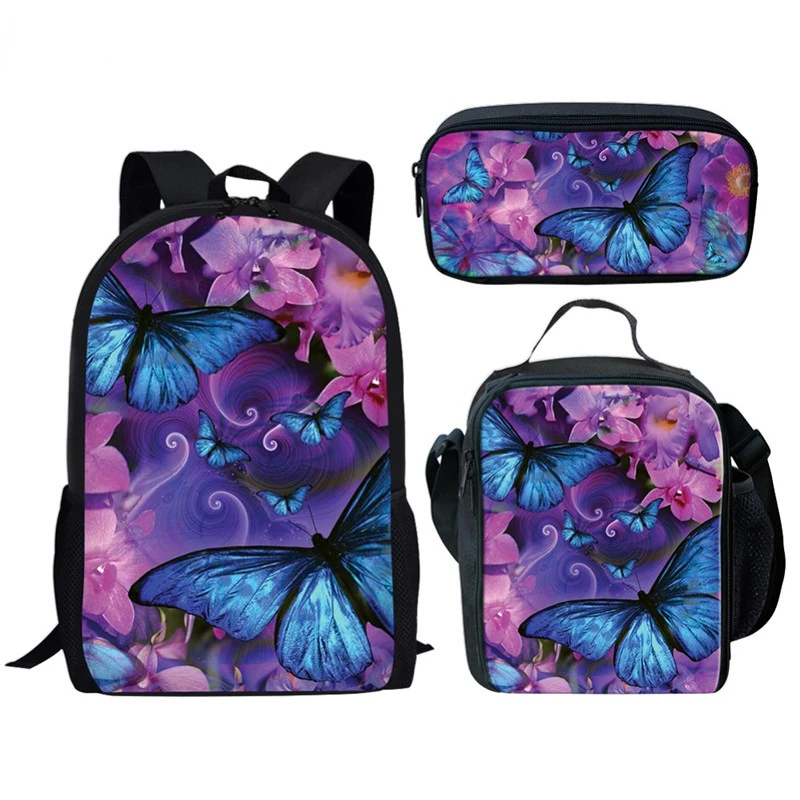 Popular Creative Novelty Funny Butterfly 3D Print 3pcs/Set pupil School Bags Laptop Daypack Backpack Lunch bag Pencil Case