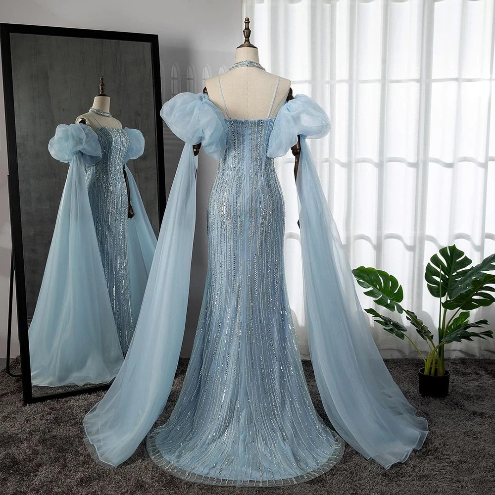 S073e23a247864829901cd679ac0a3d4c3 Blue Sexy Strapless Mermaid Sparkly Puff Sleeves Crystal Beaded Evening Dresses Gowns For Women Party Mallzona