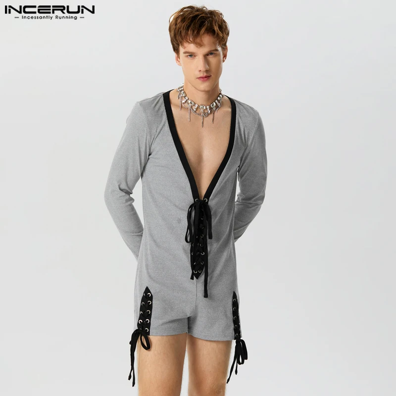 

2023 Men Rompers Pajamas Patchwork Deep V Neck Long Sleeve Cozy Lace Up Bodysuits Men Leisure Playsuits Homewear S-3XL INCERUN
