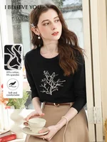 I BELIEVE YOU Women's Long Sleeved T-shirt  2025 Autumn Fashion Black Embroidered Nail Bead Casual Tops Woman Clothes 2253016106