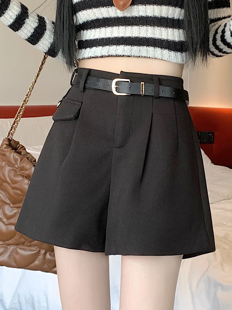 QOERLIN Elegant Women Elegant High Waist Pleated Straight Leg Shorts with Pockets Autumn Winter 2024 New Woolen Shorts with Belt