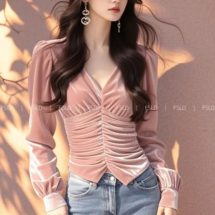 Velvet Long Sleeve T Shirt Women V Neck Casual Lady Tee Youth Elegant Luxury Top Basic Blouse Fashion New