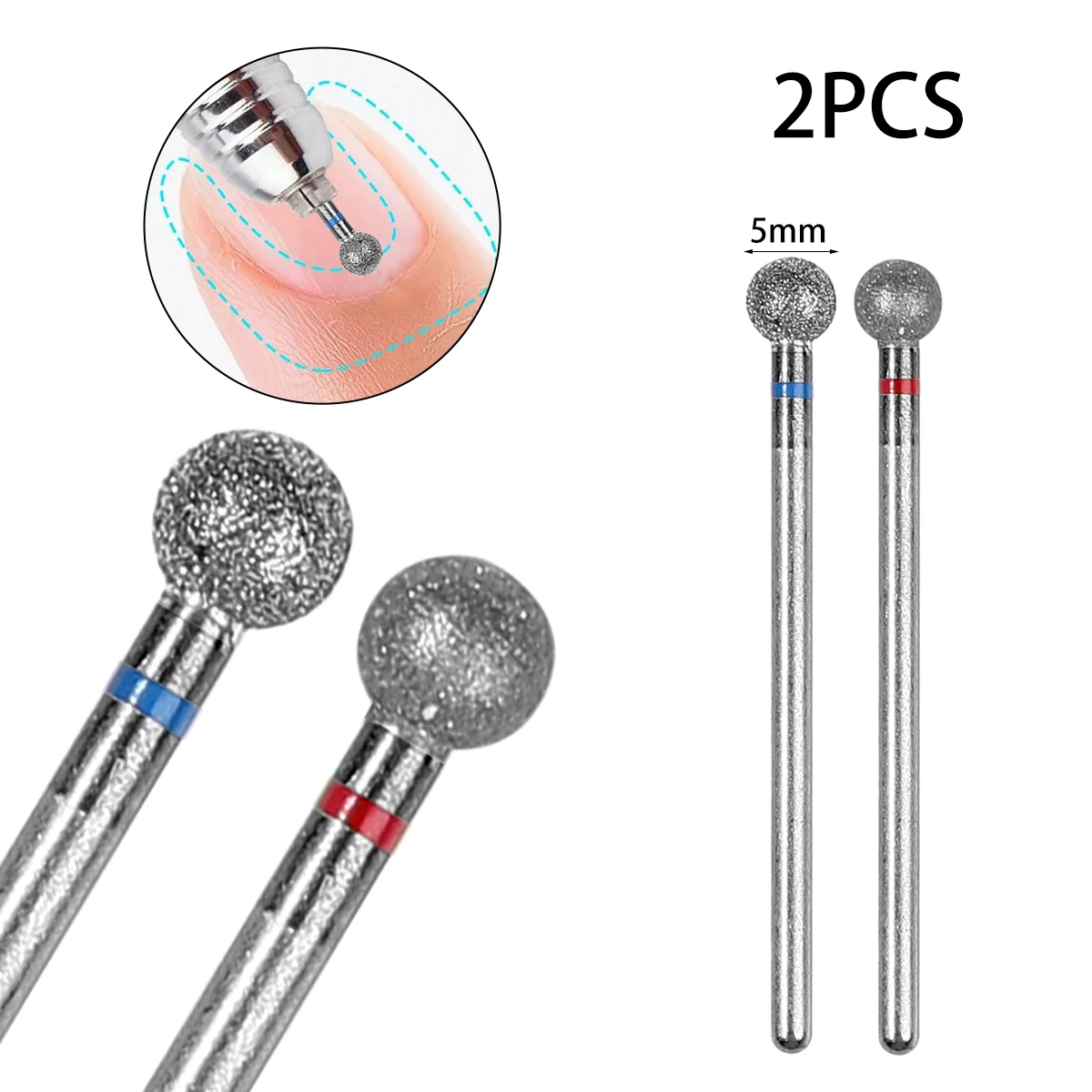 Nail Drill Bit Diamond Cuticle Clean Ball Head Nail Bit 2PCS For Electric Machine Gel Polishing Acrylic Manicure Pedicure Cuticle