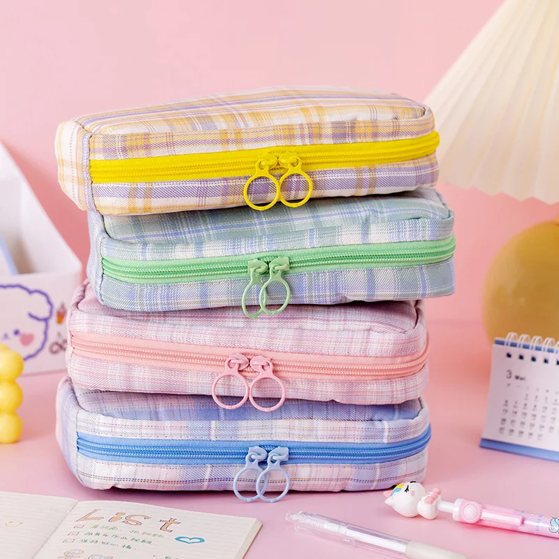 kawaii Large Cute Pencil Case Aesthetic Super Big Pencil Bag Canvas Grid  School Supplies Stationery Storage Bag for Boy Girls