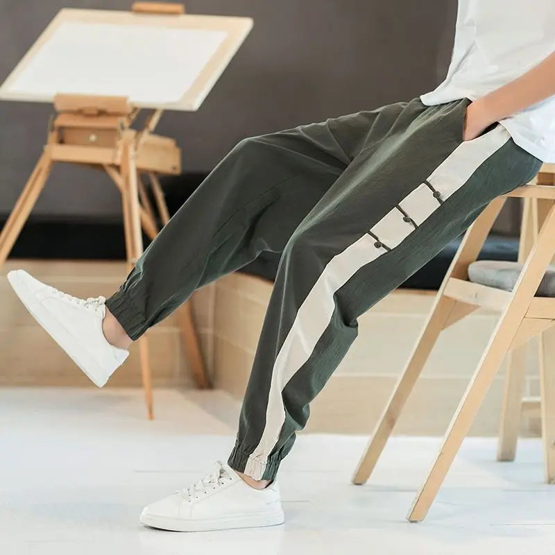Koreon Summer New Vintage Cotton Linen Sweatpants Streetwear Fashion Men Elastic Waist Pockets Slim Big Size Casual Trousers