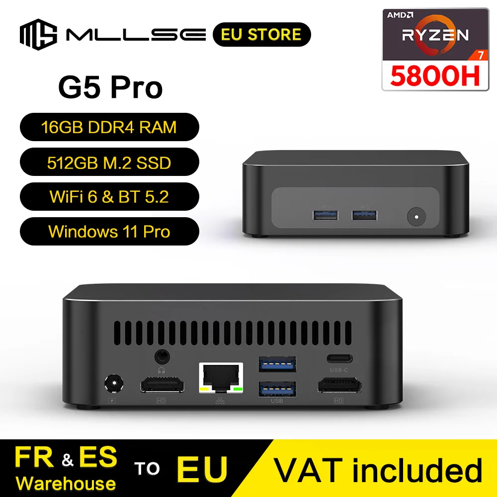 Mini PC MLLSE G5 Pro con Ryzen 7 5800H, 16 GB RAM e SSD 512 GB