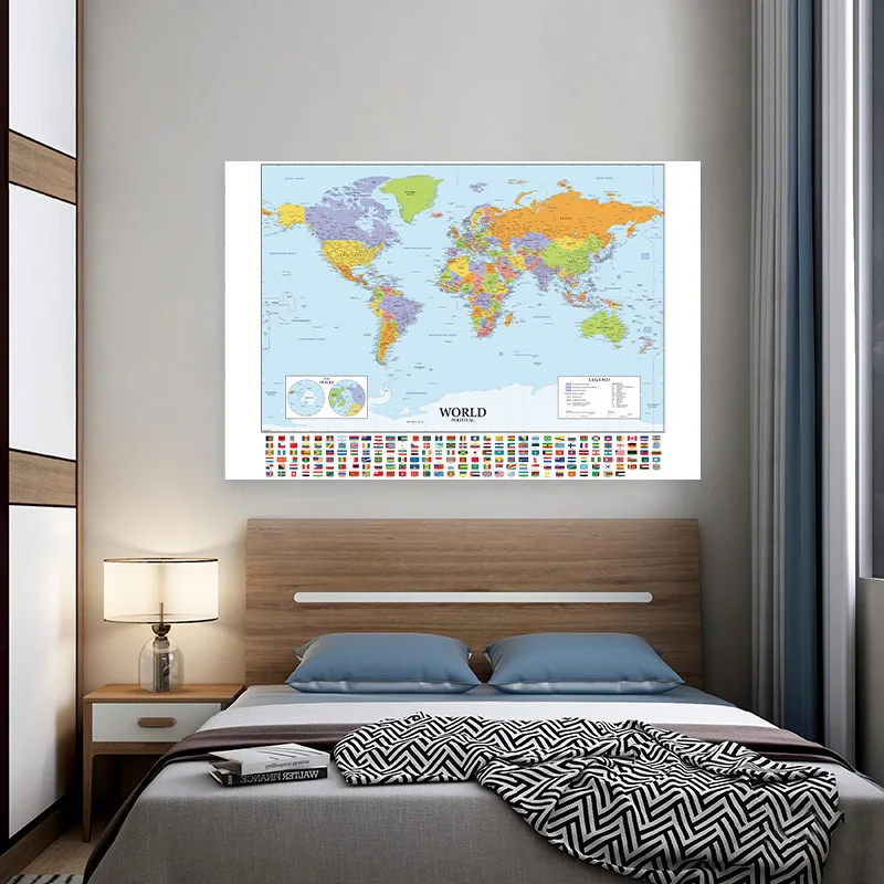 150x225cm In English World Map Large Poster Non-woven Fabric Canvas Painting Wall Hanging Poster Study Supplies Home Decor world map poster