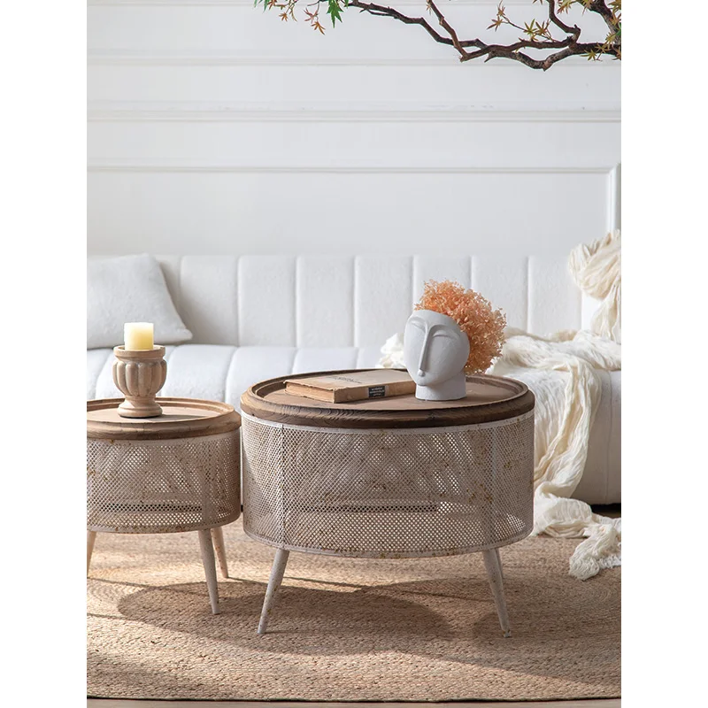 Rustic Round Coffee Table Set, Pine Wood Top with Cut-Out Iron, Space-Saving Design for Small Apartments