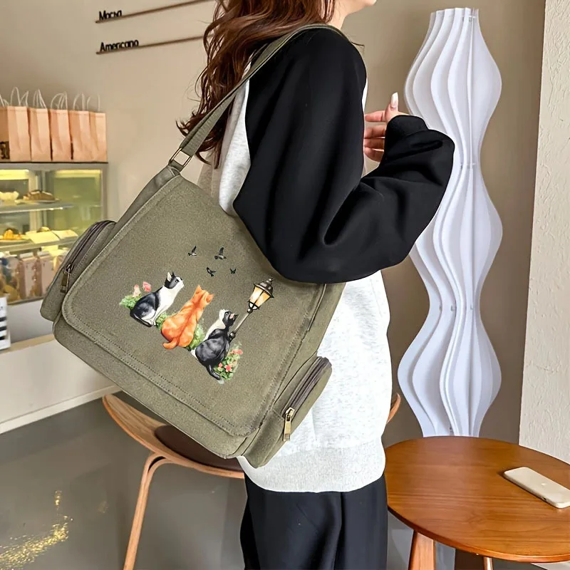 Fashion Women's Bag Multiple Pockets Canvas Shoulder Bag Cat Print Student's Book Bag Laptop Bag