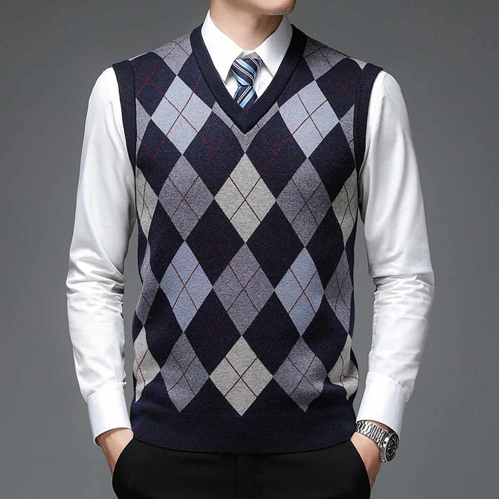 Men\\\'s Casual Plaid Tank Top  Sleeveless Knit Pullover  V Neck Sweater Vest  Khaki/Red/Grey/Navy/Dark gray  M 3XL