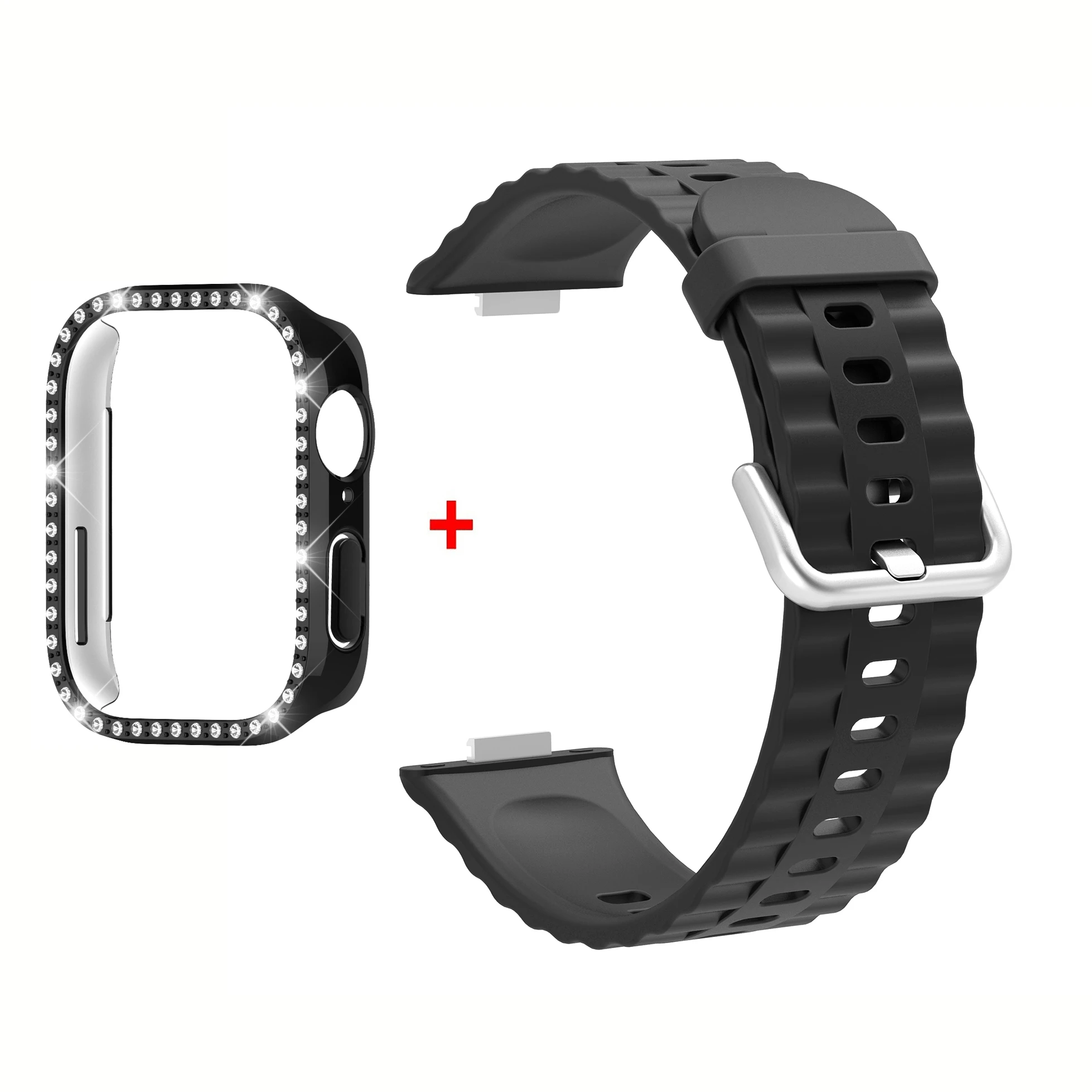 Rhinestone-Studded Soft Watch Band with Protective PC Case - Elegant Strap and Cover Set