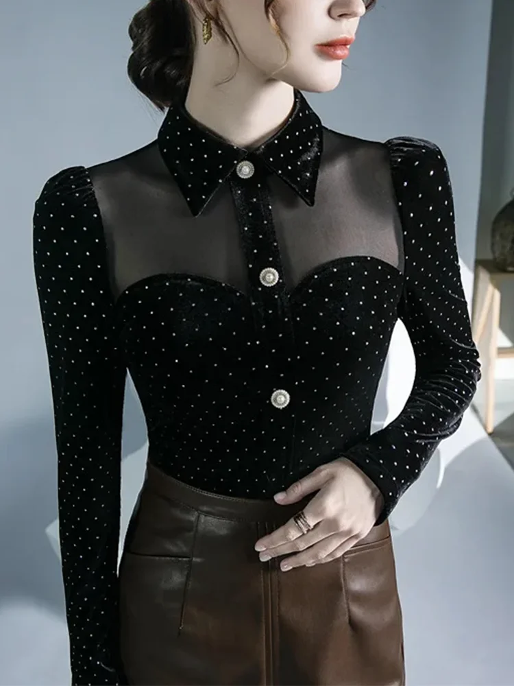 

Уличная одежда Winsleter, футболка с длинным рукавом, женские сексуальные футболки с отложным воротником, прозрачные тонкие велюровые Топы в горошек, Осень-зима T37421JM