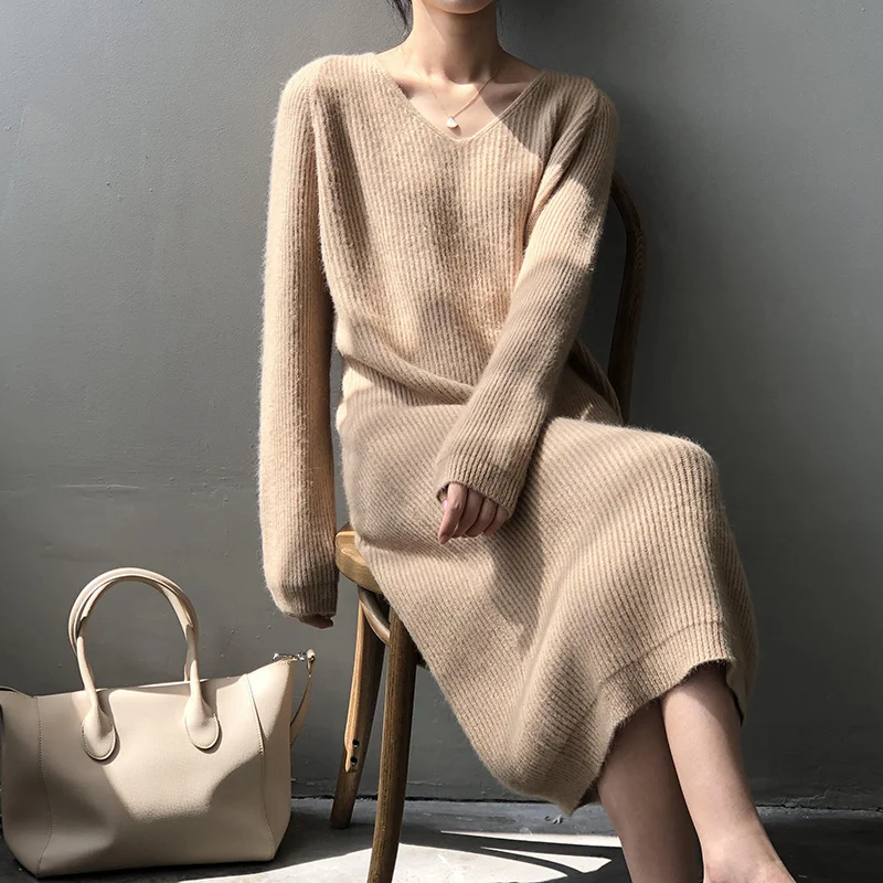 

Women Long Sleeve V Neck Knitting Dresses Autumn Winter Warm Midi Sweater Dress Korean Solid Loose Knitted Dresses Femme Robe