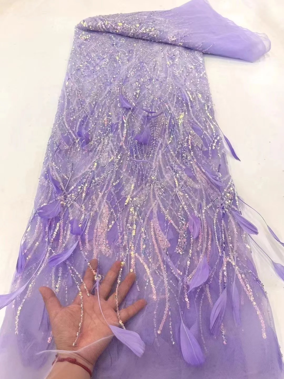 

Purple 2023 Luxury Elegant African Feather Lace Fabric Embroidery French Sequins Nigerian Tulle For Wedding Party Materiel