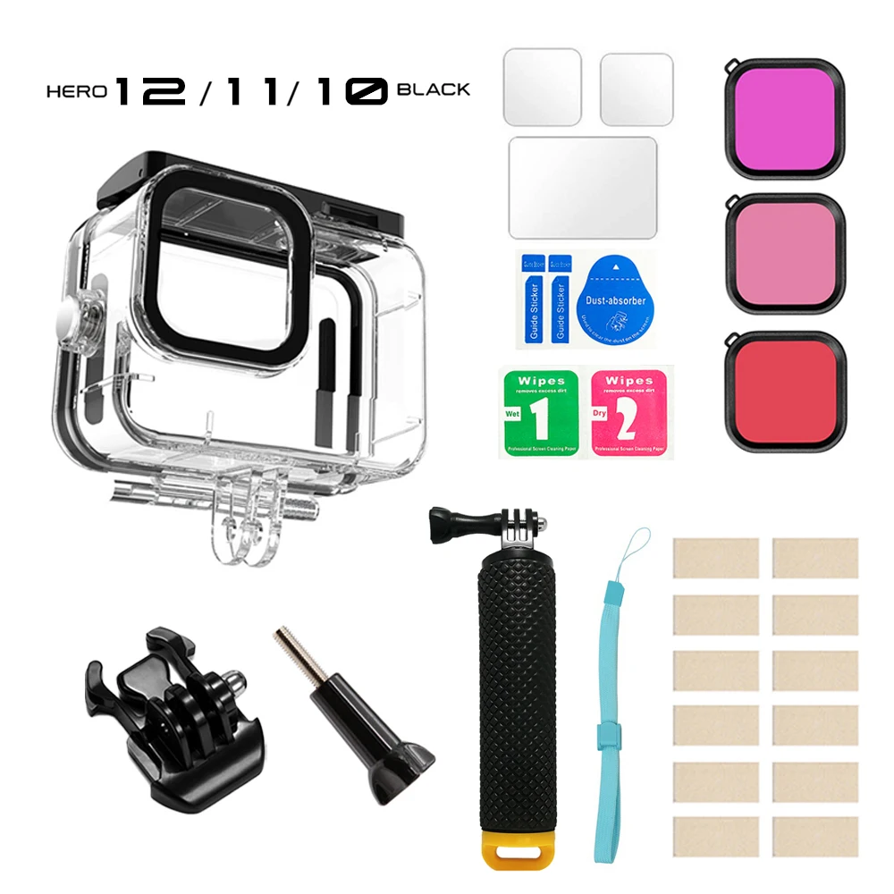 Waterproof Action Camera Case with Anti-Fog Inserts, Tempered Glass Screen Protector, and Floating Hand Grip